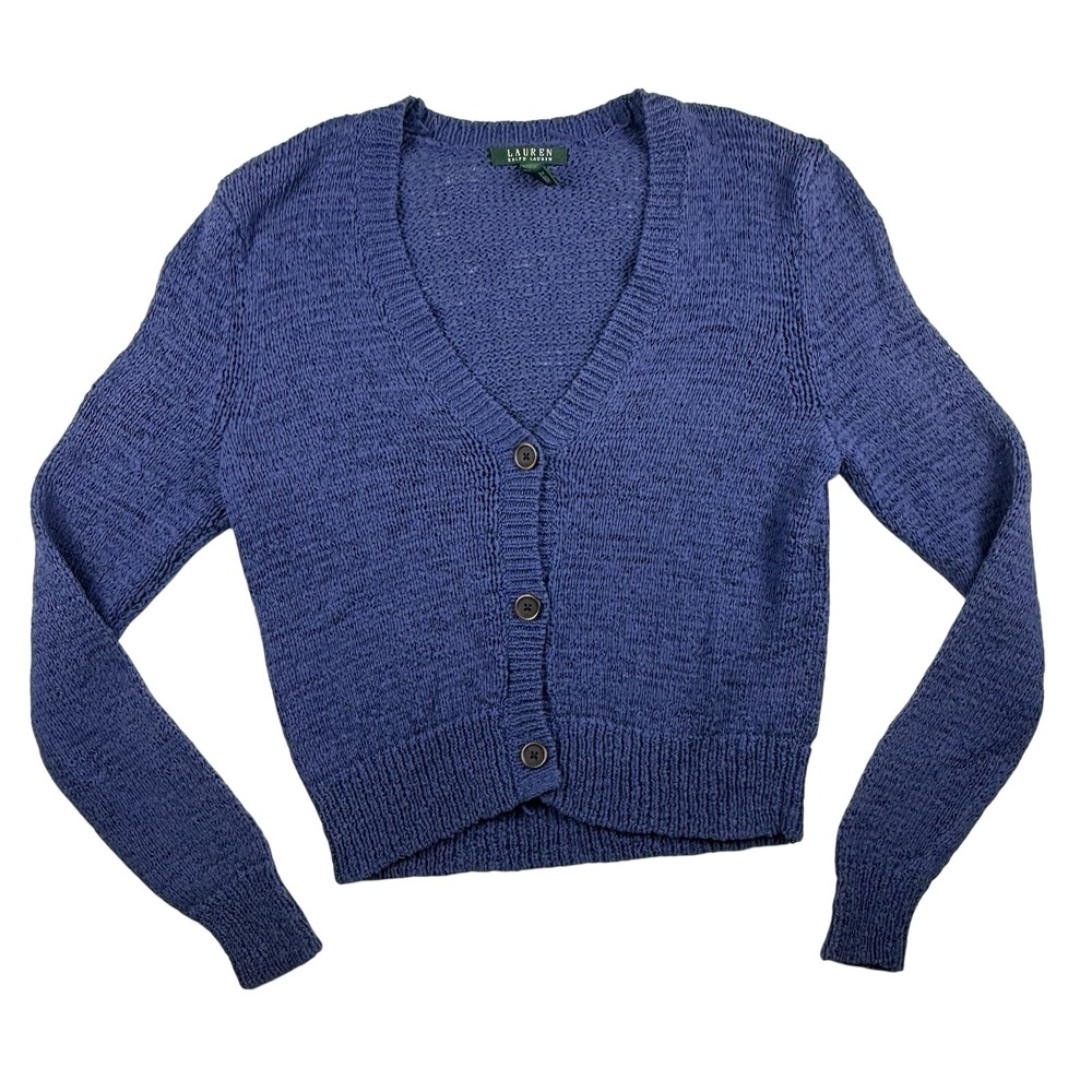 Lauren Ralph Lauren Grandpa Cardigan Women XL Blue Knit Cotton Blend Boho